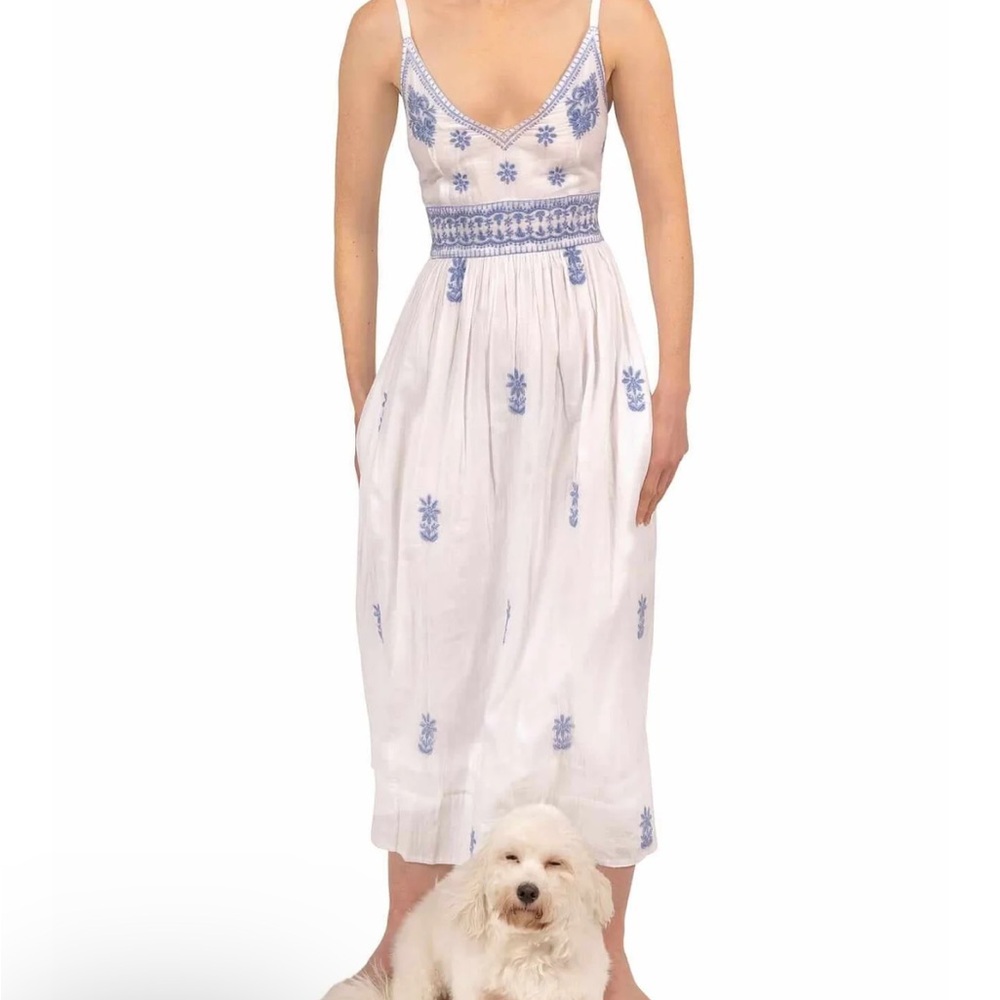 Gretchen Scott Hand Embroidered Midi Dress (white/periwinkle)